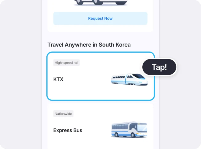 LACHA app Home screen with the Request Now button at the top and, in the Travel Anywhere in South Korea list below it, the KTX card with its High-speed rail tag outlined in blue with a Tap! label, followed by the Express Bus card with a Nationwide tag