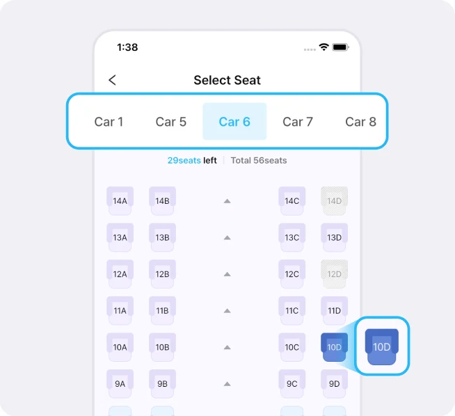 Select Seat screen with the Car 1, Car 5, Car 6, Car 7, and Car 8 tabs highlighted in a blue box, 29seats left and Total 56seats below them, and seat 10D turned dark blue on the seat map and enlarged on the right
