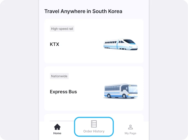 LACHA app Home screen with the Home, Order History, and My Page tabs at the bottom and the Order History tab outlined in blue