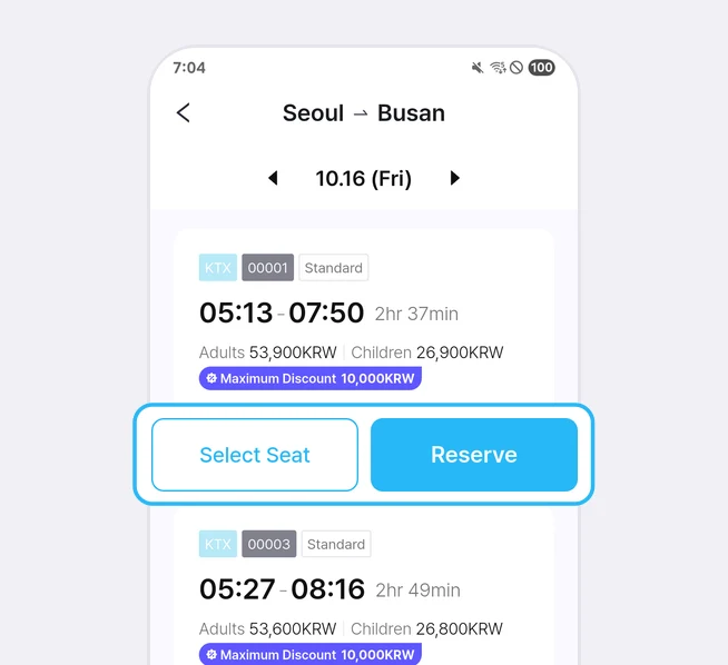 Daftar kereta Seoul ke Busan dengan tanggal 10.16 (Fri) yang diapit panah di kiri dan kanan; kartu KTX 00001 Standard berangkat 05:13 tiba 07:50 (2hr 37min), Adults 53,900KRW, Children 26,900KRW, lencana Maximum Discount 10,000KRW, dan tombol Select Seat serta Reserve yang disorot kotak biru