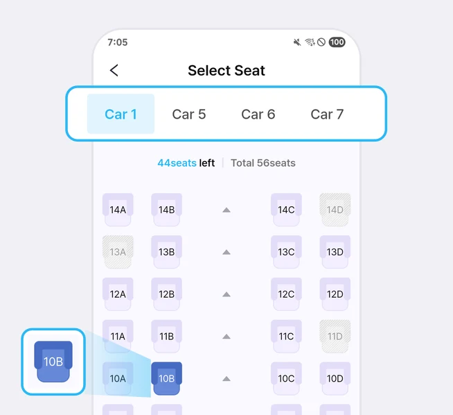 Layar Select Seat dengan tab gerbong Car 1, Car 5, Car 6, dan Car 7 yang disorot kotak biru, keterangan 44seats left | Total 56seats, dan kursi 10B yang dipilih berubah biru tua serta diperbesar di sebelah kiri
