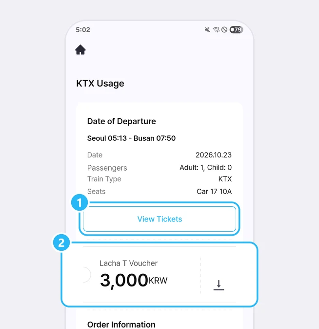 Layar detail pesanan KTX Usage: bagian Date of Departure (Seoul 05:13 - Busan 07:50, Date 2026.10.23, Adult: 1, Child: 0, Train Type KTX, Seats Car 17 10A), tanda nomor 1 pada tombol View Tickets, dan tanda nomor 2 pada kartu Lacha T Voucher 3,000KRW yang punya ikon unduh