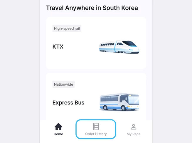Bilah tab Home, Order History, dan My Page di bagian bawah layar Home aplikasi LACHA, dengan tab Order History disorot bingkai biru