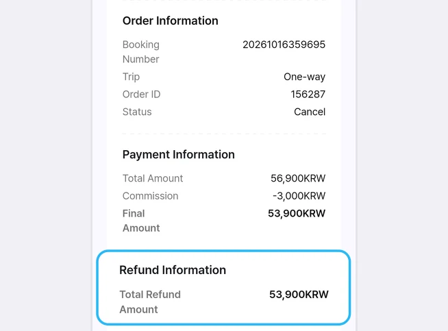 Detail pesanan yang sudah dibatalkan: Status di Order Information berubah menjadi Cancel, dan di bawah Payment Information, bagian Refund Information dengan Total Refund Amount 53,900KRW disorot kotak biru