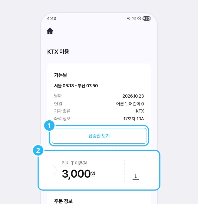 KTX 이용 주문 상세 화면의 가는날 칸(서울 05:13 - 부산 07:50, 2026.10.23, 어른 1 어린이 0, KTX, 17호차 10A) 아래 탑승권 보기 버튼에 1번, 내려받기 모양 아이콘이 있는 라차 T 이용권 3,000원 카드에 2번 표시가 붙은 화면