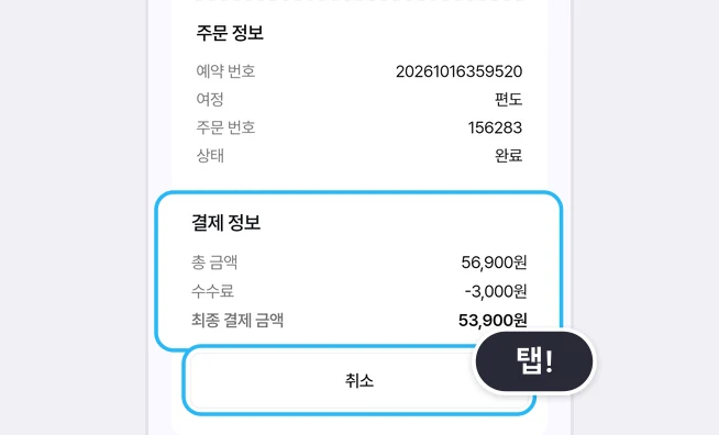 주문 상세 아래쪽 주문 정보(예약 번호·여정 편도·주문 번호·상태 완료) 아래 결제 정보(총 금액 56,900원·수수료 -3,000원·최종 결제 금액 53,900원)가 파란 상자로 강조되고 맨 아래 취소 버튼에 탭! 말풍선이 붙은 화면