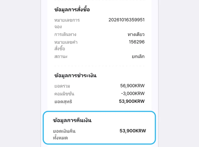 หน้ารายละเอียดคำสั่งซื้อที่ยกเลิกแล้ว สถานะในข้อมูลการสั่งซื้อเปลี่ยนเป็นยกเลิก และใต้ข้อมูลการชำระเงิน (ยอดรวม 56,900KRW คอมมิชชัน -3,000KRW ยอดสุทธิ 53,900KRW) ส่วนข้อมูลการคืนเงินที่มียอดเงินคืนทั้งหมด 53,900KRW ถูกเน้นด้วยกรอบสีฟ้า