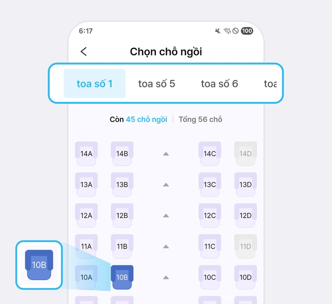 Màn hình Chọn chỗ ngồi, hàng tab toa số 1, toa số 5, toa số 6 phía trên được đóng khung xanh, bên dưới dòng Còn 45 chỗ ngồi, Tổng 56 chỗ là sơ đồ ghế, ghế 10B đã chọn chuyển sang màu xanh đậm và được phóng to ở bên trái