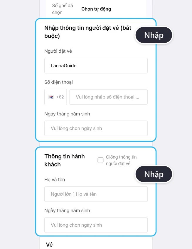 Mục Nhập thông tin người đặt vé (bắt buộc) gồm ô Người đặt vé LachaGuide, ô cờ Hàn Quốc và +82 cạnh ô Vui lòng nhập số điện thoại, ô Ngày tháng năm sinh ghi Vui lòng chọn ngày sinh, và mục Thông tin hành khách gồm ô đánh dấu Giống thông tin người đặt vé, ô Người lớn 1 Họ và tên, ô Ngày tháng năm sinh, mỗi mục được đóng khung xanh kèm bong bóng Nhập