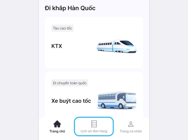 Màn hình Trang chủ ứng dụng LACHA, ở thanh tab dưới cùng gồm Trang chủ, Lịch sử đơn hàng, Trang cá nhân, tab Lịch sử đơn hàng được viền xanh