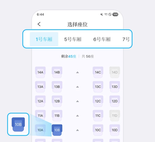 选择座位页面上方的1号车厢·5号车厢·6号车厢·7号车厢标签被蓝框突出显示，剩余45座 共 56座下方座位图里选中的10B座位变成深蓝色并在左侧被放大的画面