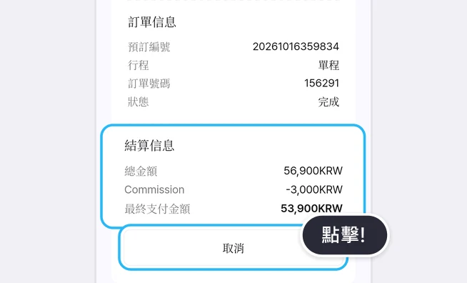 訂單詳情下方的訂單信息（預訂編號、行程 單程、訂單號碼、狀態 完成）下面，結算信息（總金額 56,900KRW、Commission -3,000KRW、最終支付金額 53,900KRW）以藍框標示，最下方的取消按鈕以藍框和點擊!提示標示的畫面