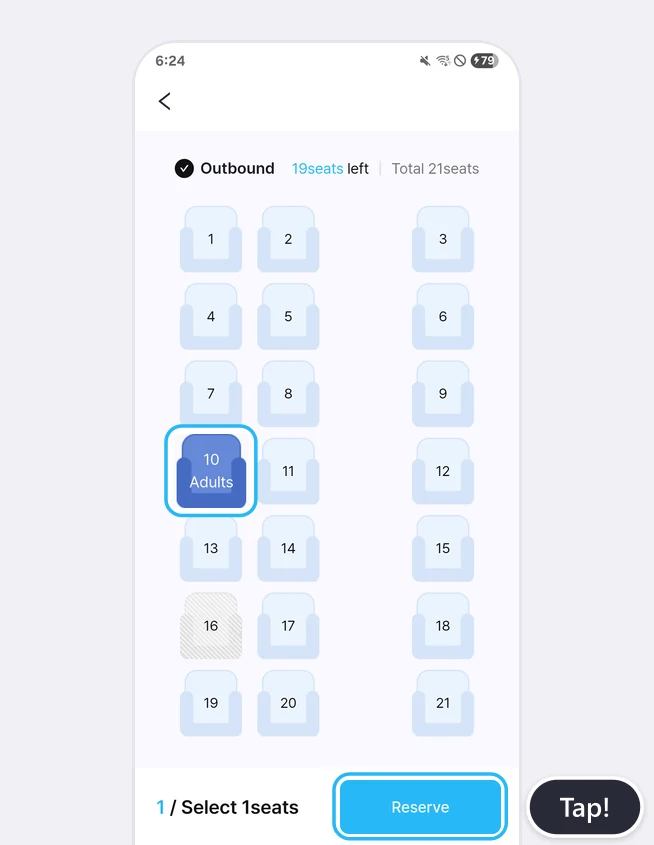 LACHA app express bus seat map with the chosen seat 10 and the [Reserve] button at the bottom highlighted in blue boxes