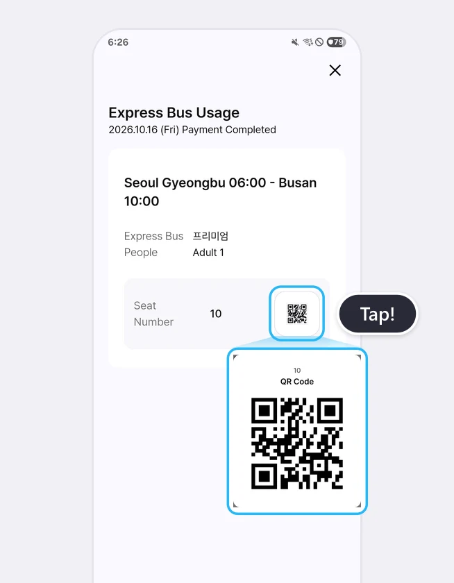 Layar Express Bus Usage setelah pembayaran, dengan ikon QR di samping nomor kursi yang disorot dan kode QR untuk naik bus yang diperbesar di bawahnya