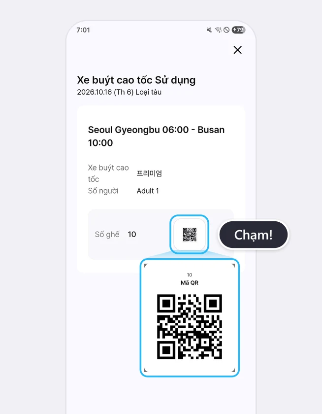 Màn hình Xe buýt cao tốc Sử dụng sau khi thanh toán, biểu tượng QR cạnh số ghế được đóng khung xanh và mã QR lên xe được phóng to bên dưới