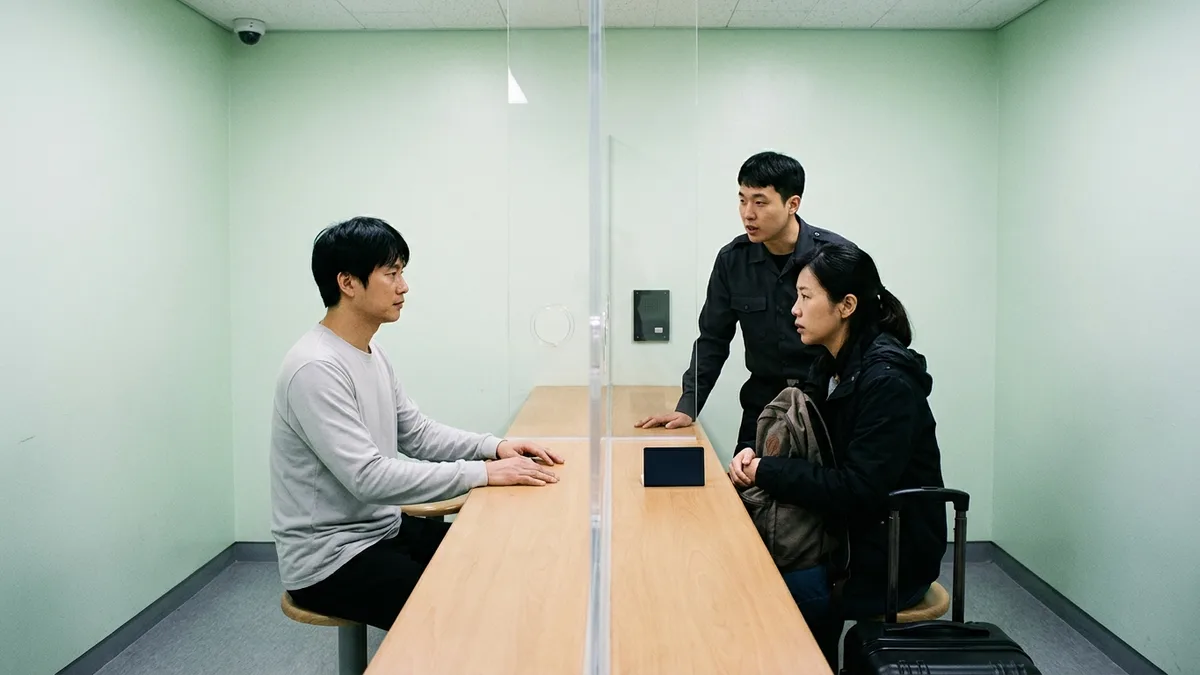 구금시설 접견실에서 투명 칸막이를 사이에 두고 마주 앉은 외국인 수용자와 면회 온 사람, 옆에 서서 통역하는 한국인 직원을 담은 본문 이미지, 화면이나 안내판에 판독되는 글자가 없다