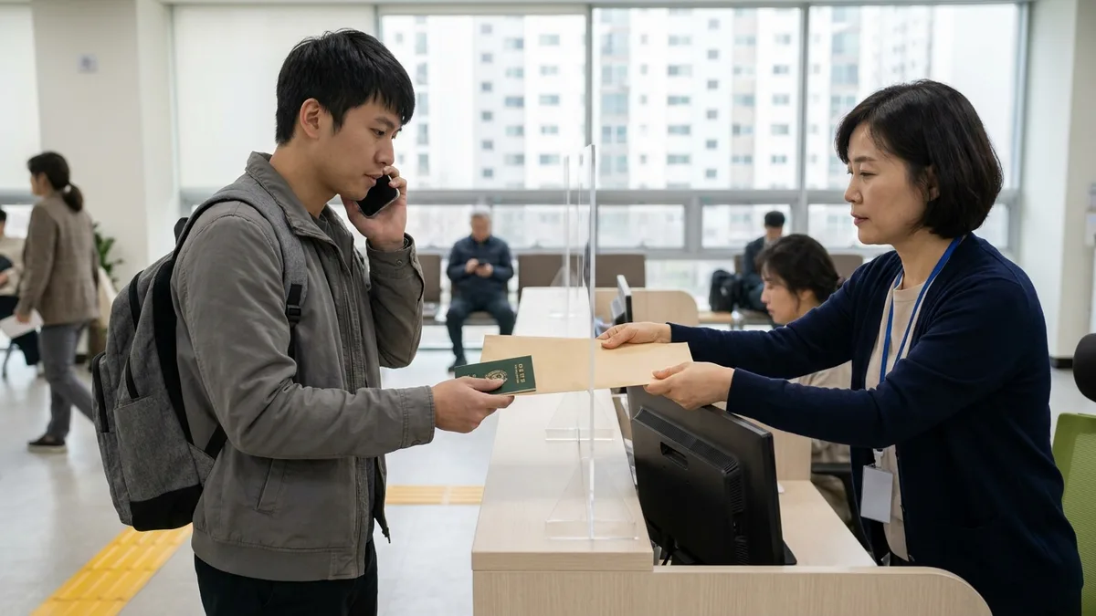 고용센터 민원 창구에서 통역 전화를 귀에 댄 외국인 근로자가 여권을 내밀자, 창구 직원이 닫힌 서류 봉투를 두 손으로 건네주는 본문 이미지, 책상 위 모니터는 뒷면만 보여 화면 내용이 드러나지 않아요