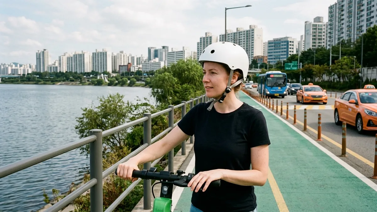 Body image of a helmeted rider gripping the handlebars of a shared scooter, about to set off on a green-paved riverside bike lane, with taxis and buses passing on the adjacent road