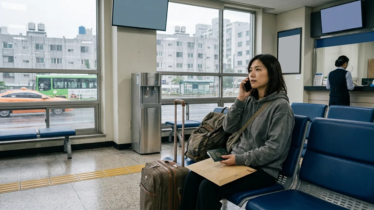 A foreigner sitting in a Korean immigration waiting area, sealed document envelope on their lap, interpreter phone to their ear, waiting for their turn