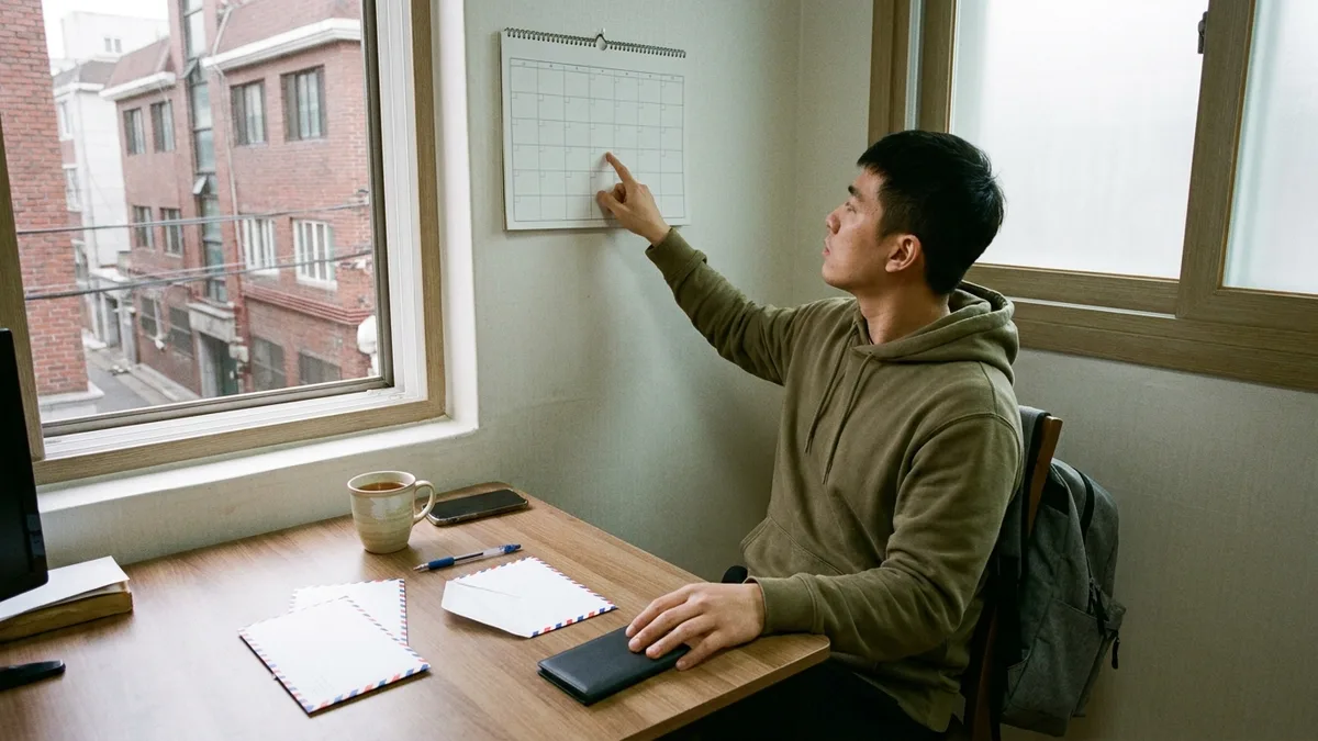 Gambar isi artikel menampilkan pekerja asing menunjuk kalender dinding sambil melihat dua amplop dokumen dari negara asal di meja, memperkirakan waktu persiapan dokumen