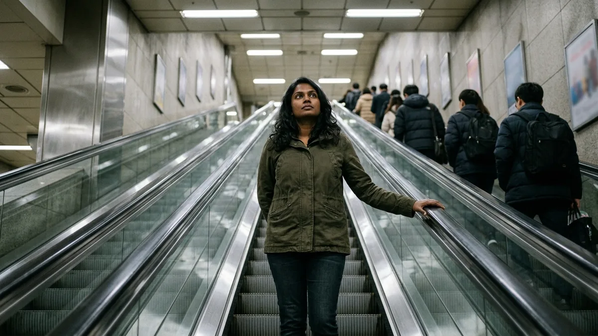 In-article image showing a foreign passenger holding the handrail on a station escalator alongside commuters riding up in the next lane