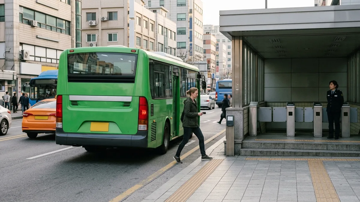 路線バスを降りた外国人乗客が、改札が並ぶ都市鉄道の駅入口へ歩いて入っていく実際の利用シーンを写した本文画像