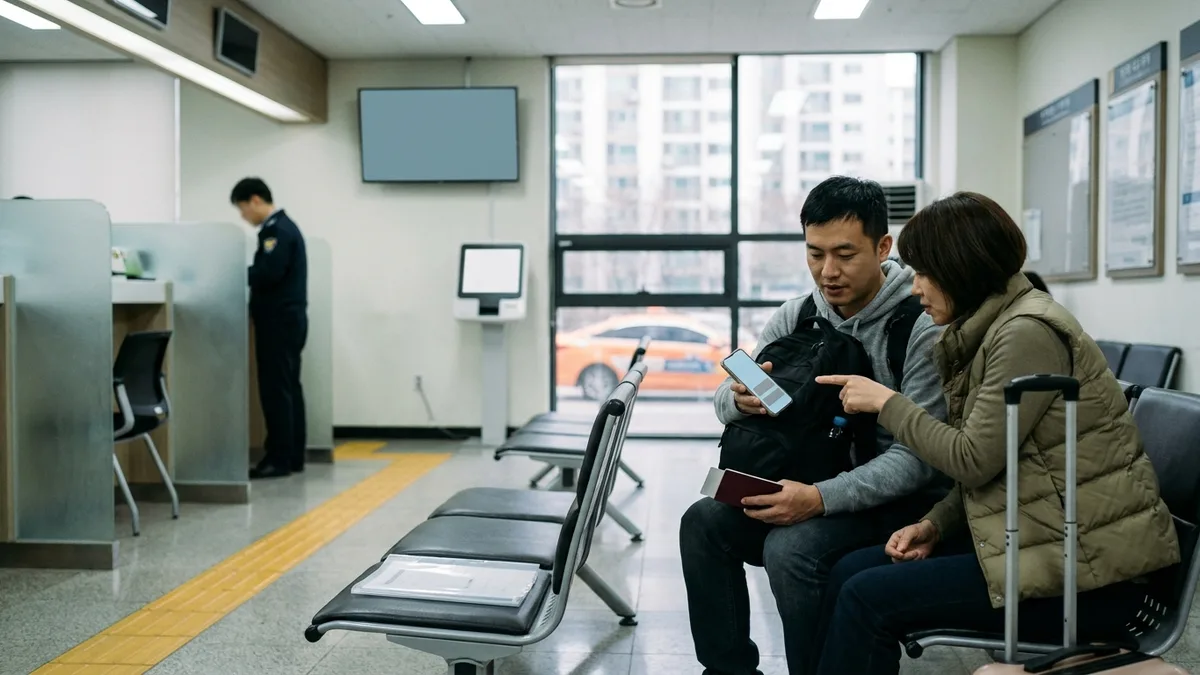 출입국·외국인청 민원실 대기 의자에 나란히 앉아 한 사람이 다른 사람의 휴대폰을 함께 들여다보며 인터넷 신고를 도와주는 두 사람을 담은 본문 이미지