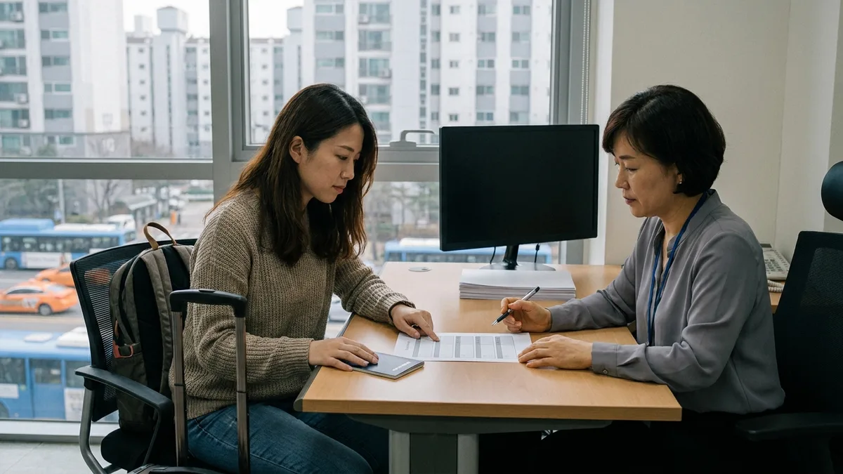 会社のオフィスで机を挟んで給与担当者と向かい合い、紙の明細書を一緒に指差しながら控除項目の説明を聞く外国人社員の実際の状況を捉えた本文イメージ