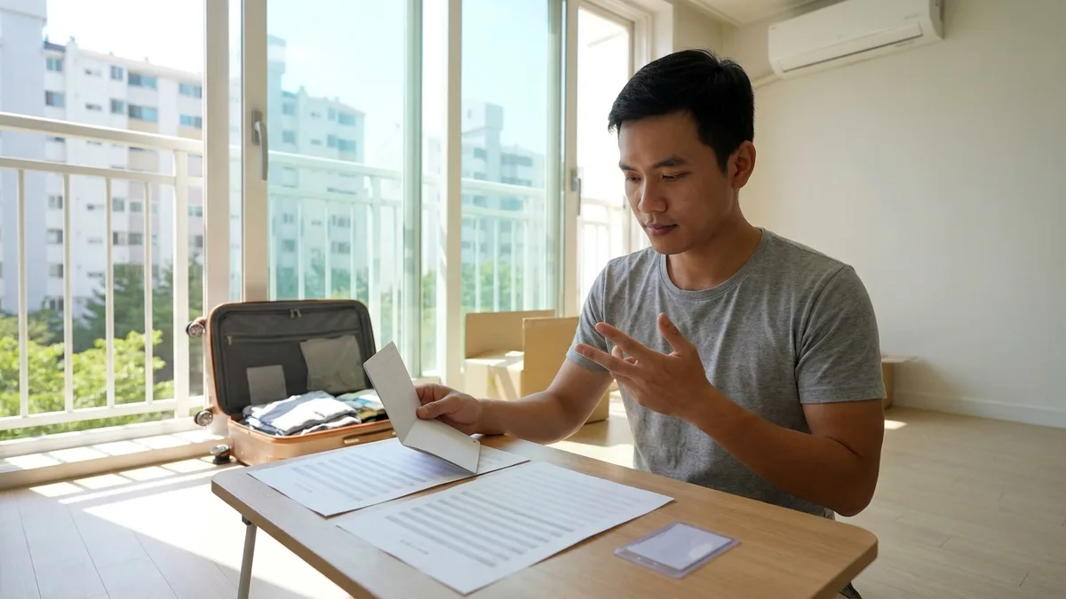 귀국을 앞둔 외국인 근로자가 한국 은행 통장과 신고 서류를 책상에 펼쳐 놓고 순서를 확인하는 본문 이미지