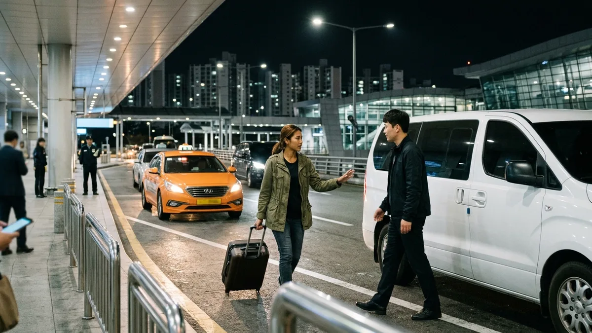 늦은 밤 인천공항 1층에서 짐수레를 밀며 승차장 번호 안내판을 올려다보는 외국인 승객의 본문 이미지