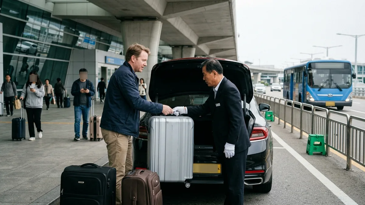 공항 안내데스크 직원이 일행에게 목적지 구역과 정액 요금을 설명하며 대형 밴 차량을 배정하는 본문 이미지