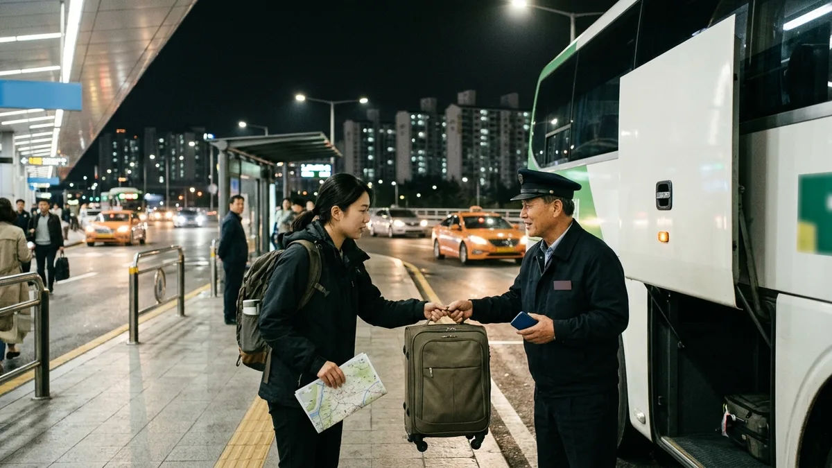 In-article image showing a real moment at a night bus stop, where a passenger with a backpack and a paper map hands a suitcase to a uniformed driver to load into the luggage compartment