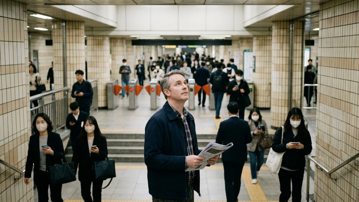 인천 도시철도 역 개찰구 앞 대합실에서 신문을 든 채 걸음을 멈추고 머리 위쪽 안내판을 올려다보는 외국인 승객의 실제 이용 상황을 담은 본문 이미지