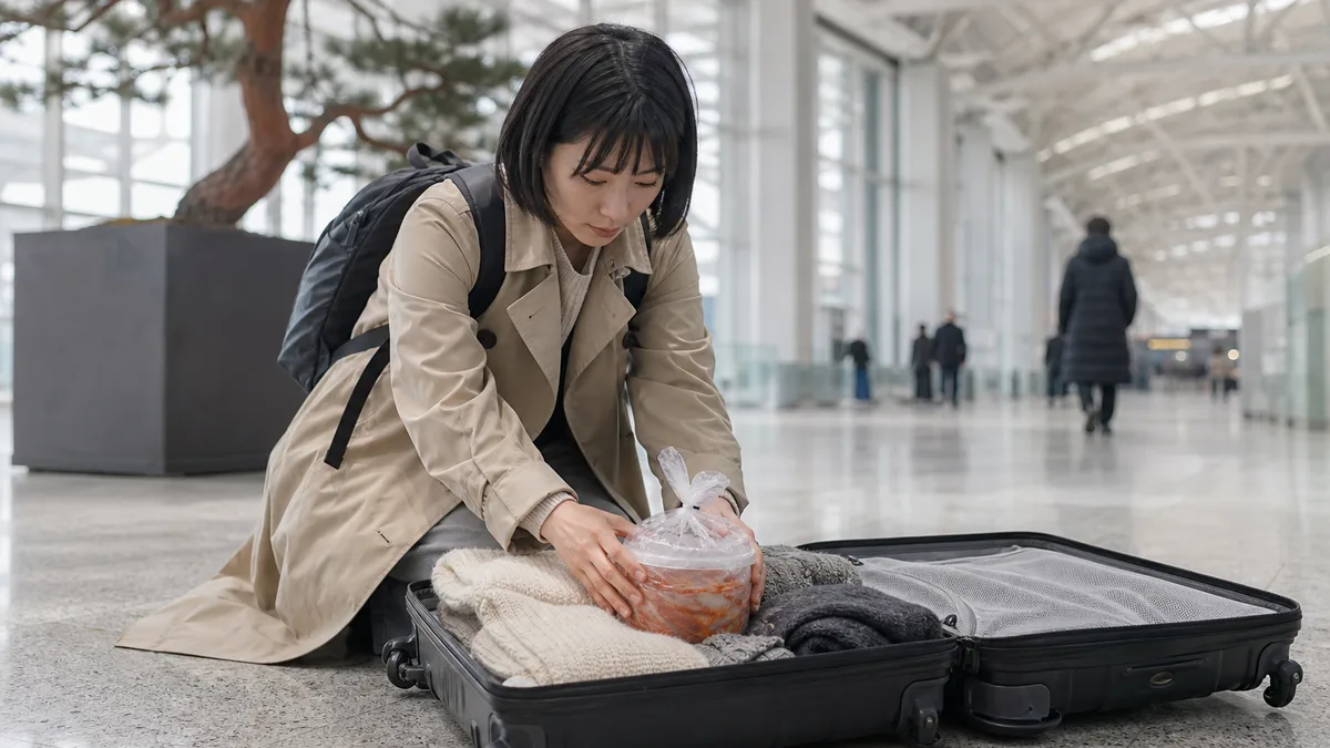 인천공항 출국장 바닥에 캐리어를 펼치고 비닐로 여러 겹 싼 김치통을 겨울 스웨터 사이에 세워 넣는 일본에서 온 20대 여성 여행자