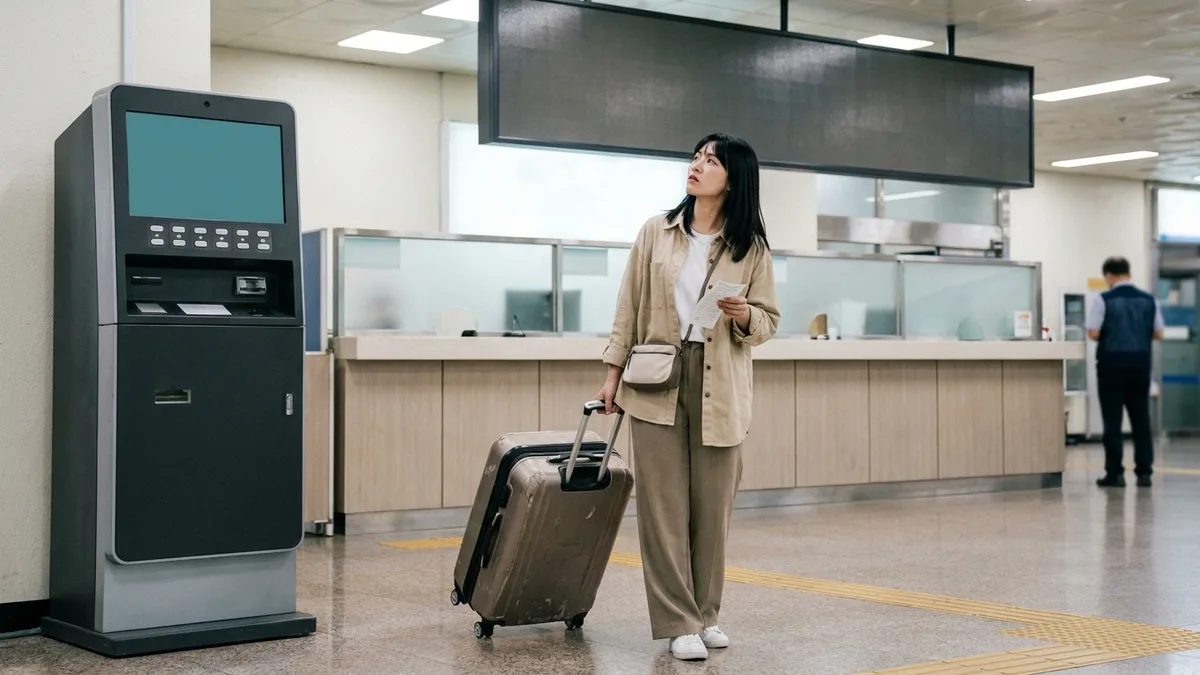 버스터미널 매표창구 앞에서 캐리어를 끌고 무인발권기와 전광판을 번갈아 확인하는 대만 여성 여행자의 실제 이용 상황을 담은 본문 이미지