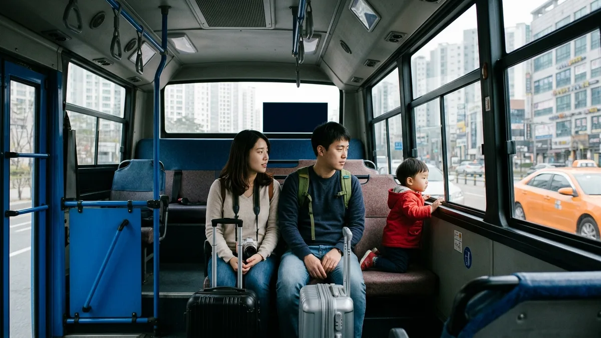여행 가방을 옆에 둔 가족이 시내버스 좌석에 앉아 있고 빨간 옷을 입은 아이가 창밖을 내다보는 실제 이용 상황을 보여주는 본문 이미지