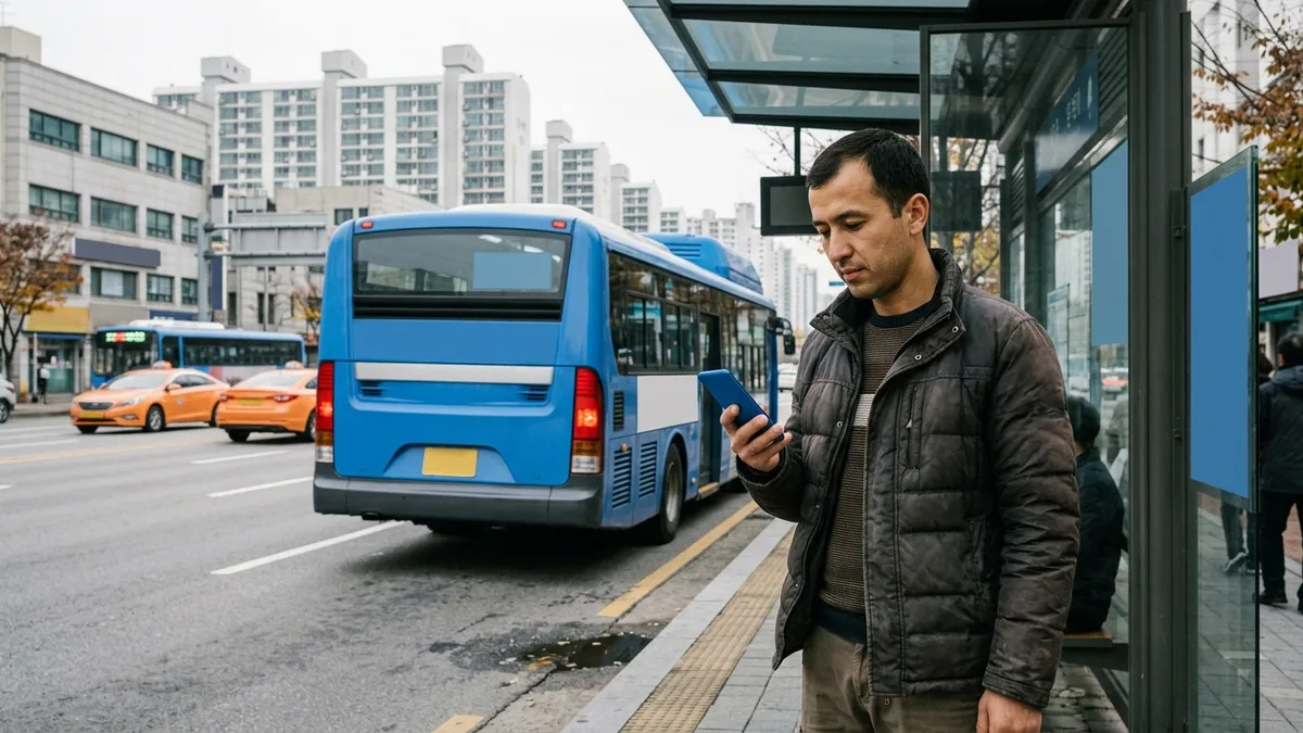 Gambar isi yang menampilkan situasi nyata penumpang asing berdiri di halte setelah bus pergi sambil mengecek jadwal transfer berikutnya di ponsel