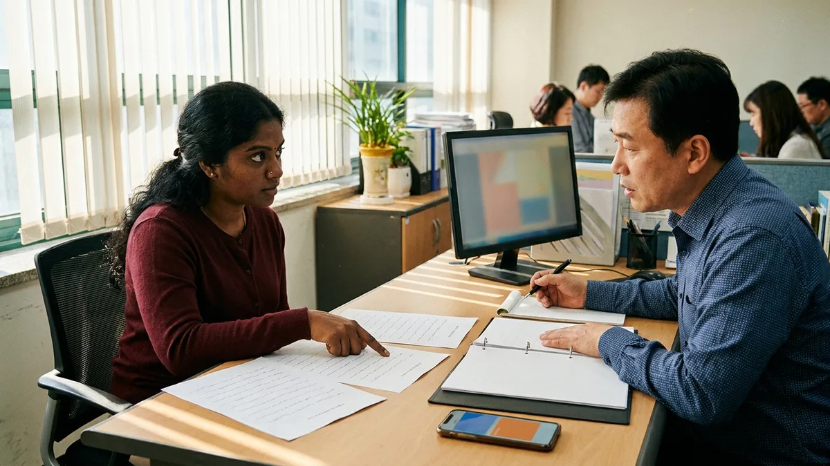 In-article image showing a real-life scene of a foreign worker at a counseling desk having wage calculations reviewed, with an employment contract and attendance records spread out