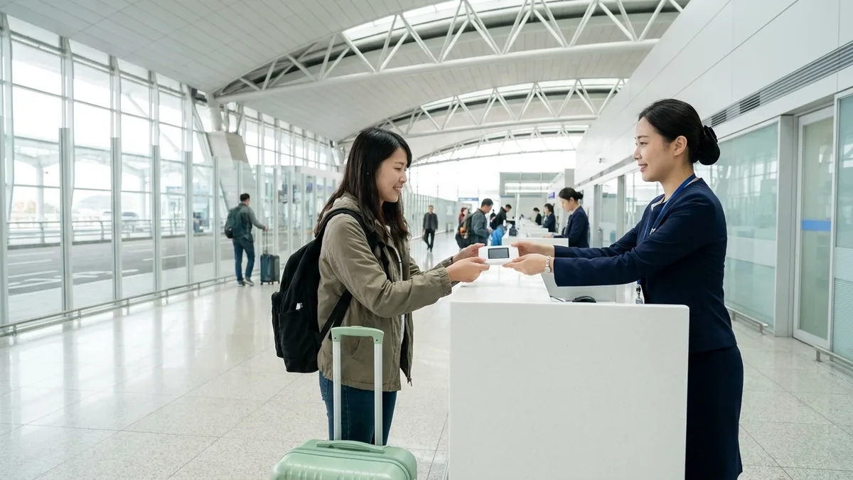 ในวันเดินทางกลับ ที่หน้าเคาน์เตอร์ค่ายมือถือสีขาวไม่มีตัวอักษรบนชั้นโถงขาเข้าของสนามบินเกาหลี นักท่องเที่ยวหญิงชาวไต้หวันวัย 20 กว่าปีสะพายเป้สีดำและตั้งกระเป๋าเดินทางสีเขียวอ่อนไว้ กำลังยื่นเครื่องพ็อกเก็ตไวไฟเล็ก ๆ ไม่มีลวดลายคืนด้วยสองมือให้พนักงานหญิงชาวเกาหลีในชุดยูนิฟอร์มสีกรมท่า