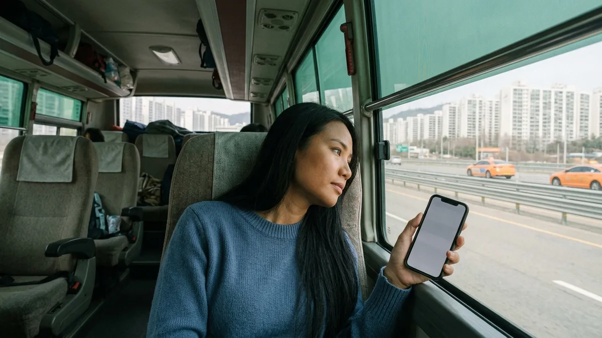 Gambar isi yang menunjukkan situasi nyata penumpang duduk di kursi dekat jendela bus metropolitan sambil memegang ponsel dan memandang ke luar jalan tol