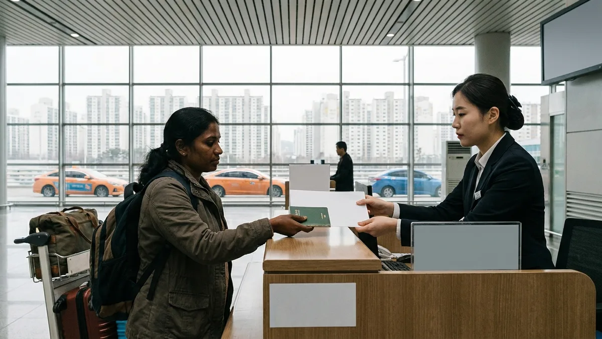 공항 출국장 은행 창구에서 여권과 서류를 내밀고 보험금 수령 절차를 밟는 외국인 근로자의 실제 이용 상황을 담은 본문 이미지