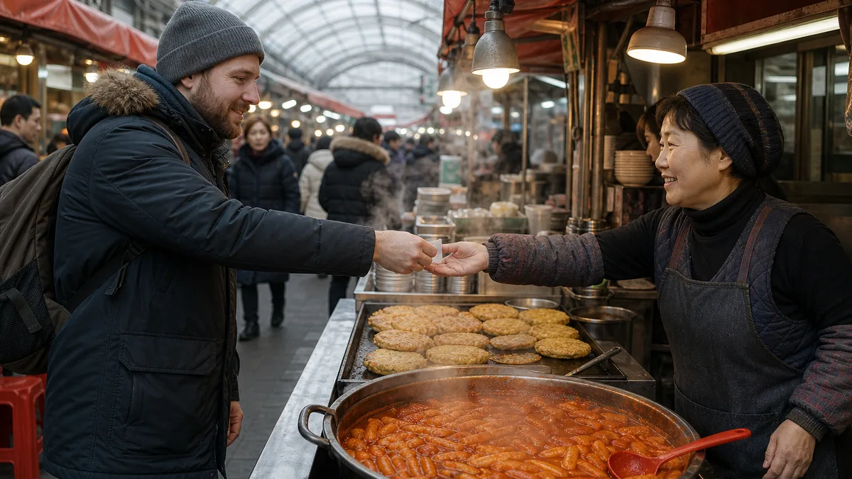 In the covered food alley of a traditional market in Seoul, a male traveler in his thirties from Russia, wearing a knit hat, hands cash to a Korean vendor at a tteokbokki and bindaetteok stand