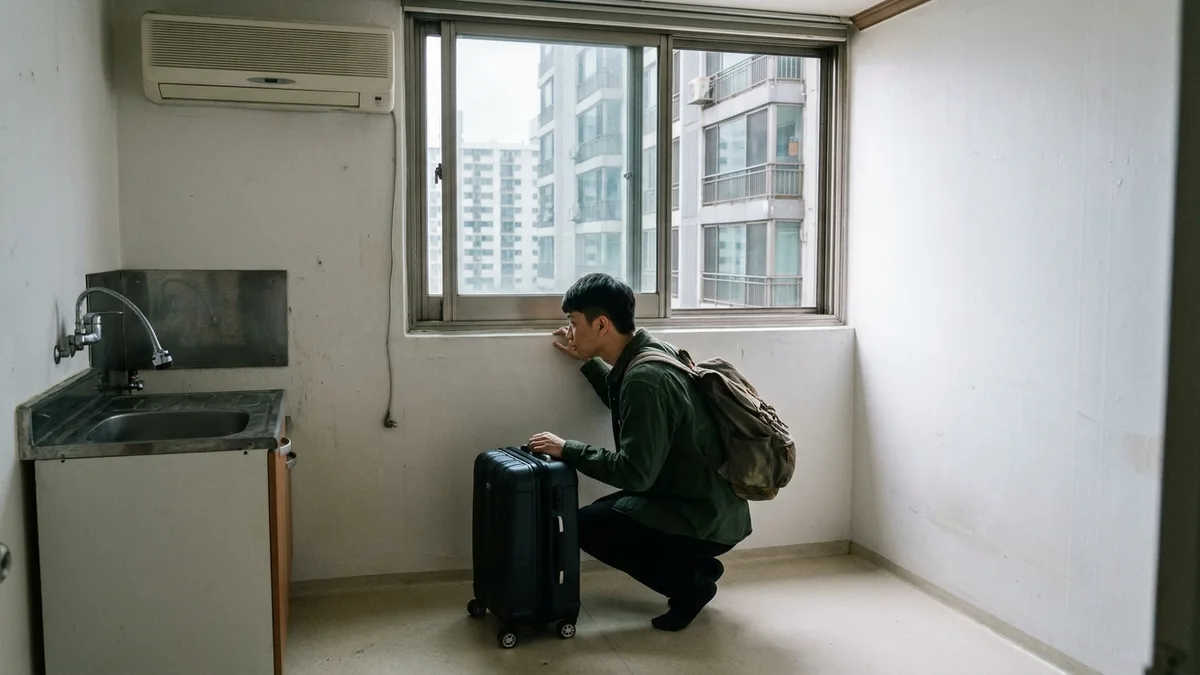 Gambar isi artikel yang menampilkan mahasiswa asing asal Taiwan yang meletakkan koper di sampingnya sambil memeriksa kusen jendela dan sudut dinding di kamar studio yang kosong