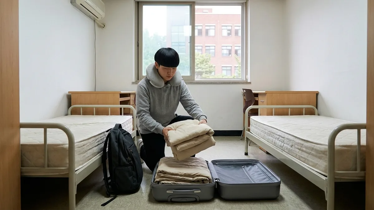 刚住进大学宿舍双人间、打开行李箱取出被褥的日本男留学生正文图片
