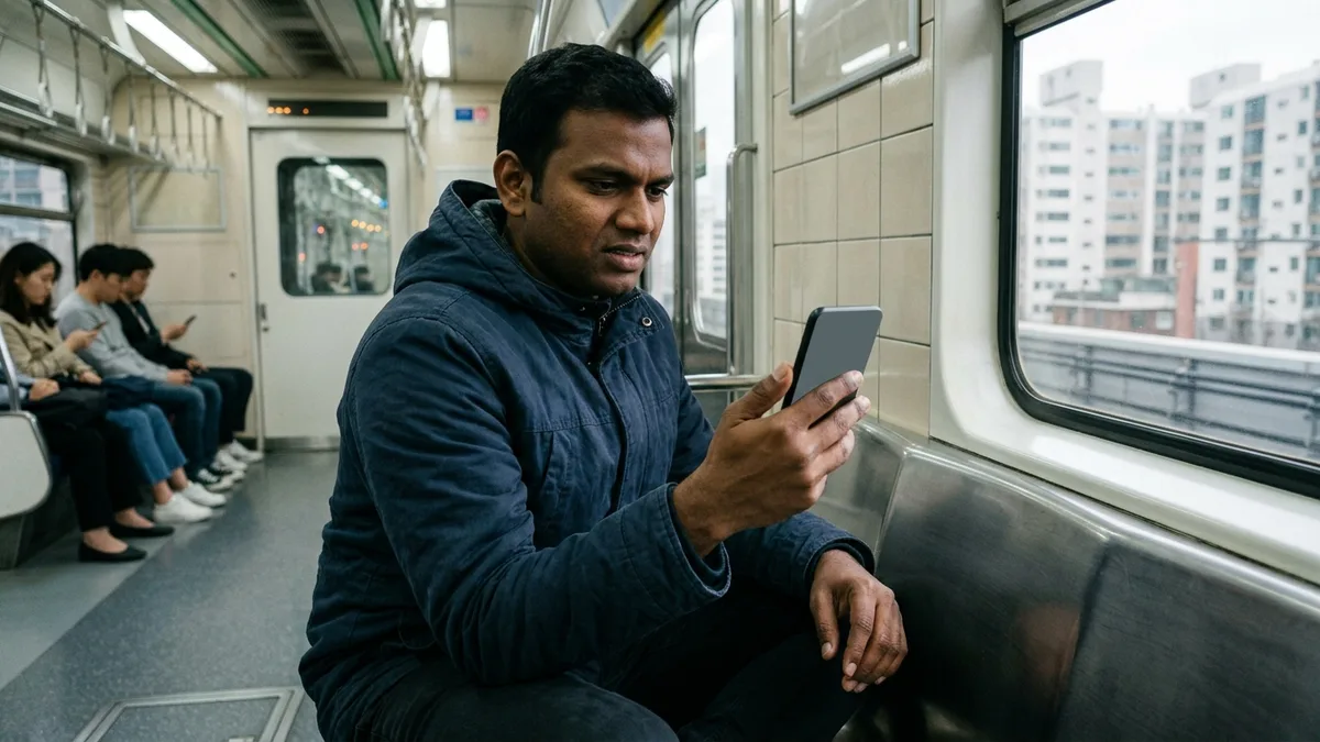 Gambar isi artikel menampilkan situasi nyata penumpang asing yang memeriksa nomor gerbong di dalam kereta subway sambil mengisi informasi di layar pelaporan aplikasi