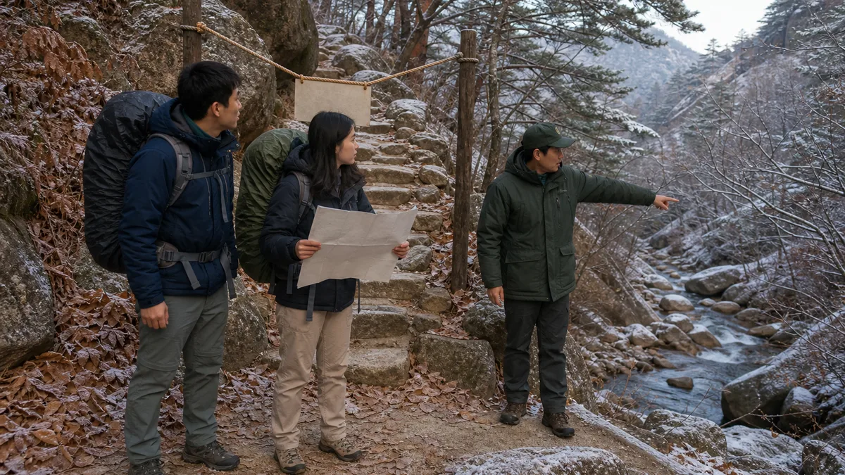 摊开纸质地图、站在结霜的雪岳山岔路口被绳子拦住的上坡路前,望向韩国公园工作人员所指的下方溪谷步道的两名背着大背包的台湾旅行者