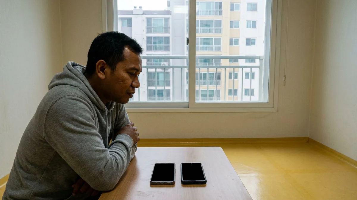 窓の外にマンション団地が見える韓国のワンルームの木の机に、画面の消えたスマホ2台を並べて置き、交互に見下ろして比べている、褐色の肌に短い黒髪でグレーのパーカーを着た30代のインドネシア人男性
