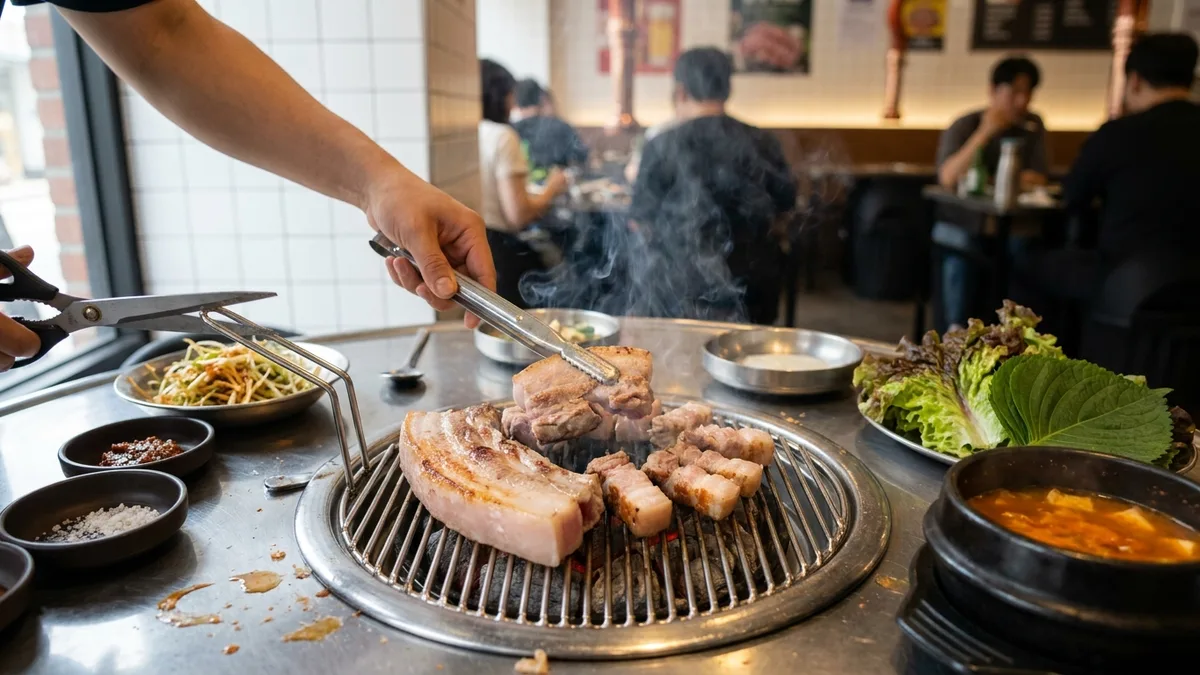 금돼지식당 — 껍질 붙은 통삼겹 본삼겹을 연탄불에 굽는 이미지
