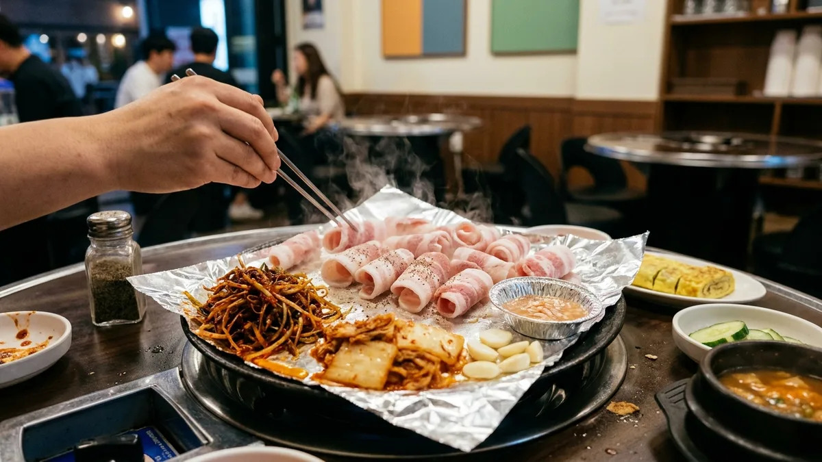 나리식당 청담점 — 은박지 불판 위에서 익어가는 냉삼겹살 이미지