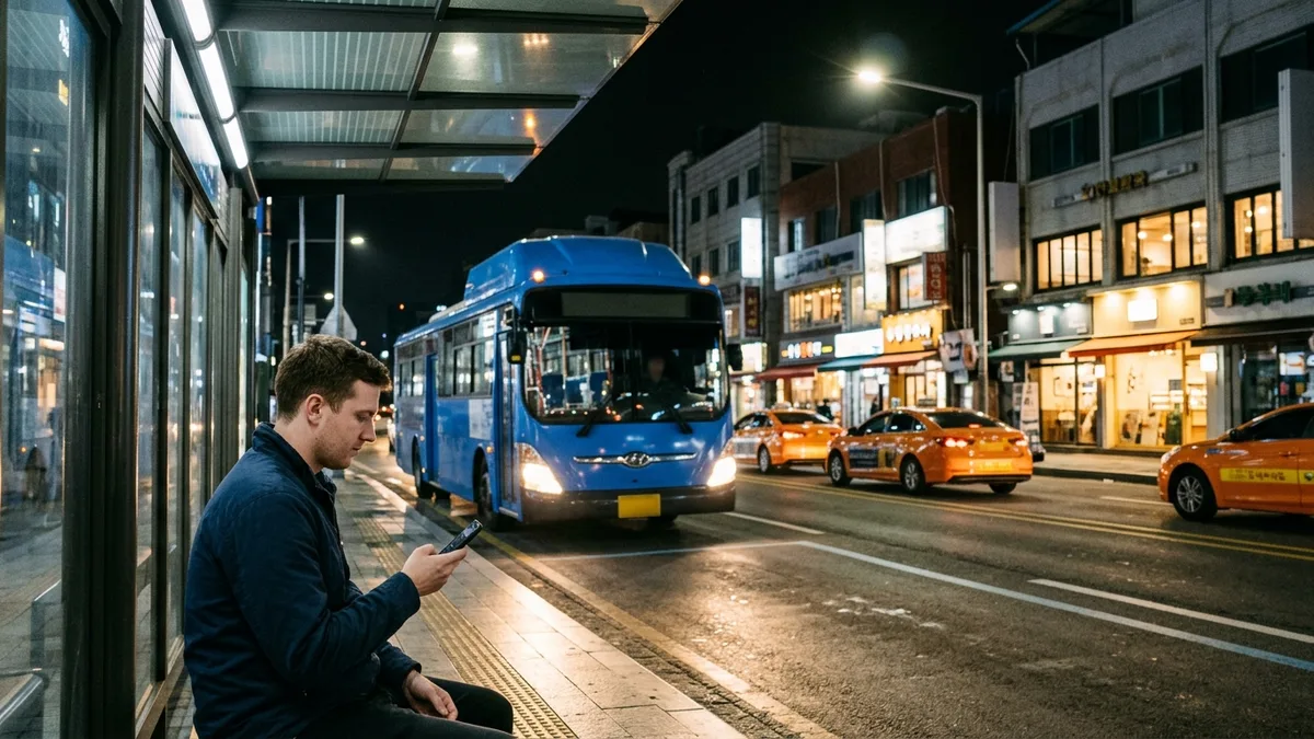 Gambar isi yang menampilkan situasi nyata seorang penumpang asing memeriksa peta rute bus malam di halte tepi jalan besar Seoul pada dini hari